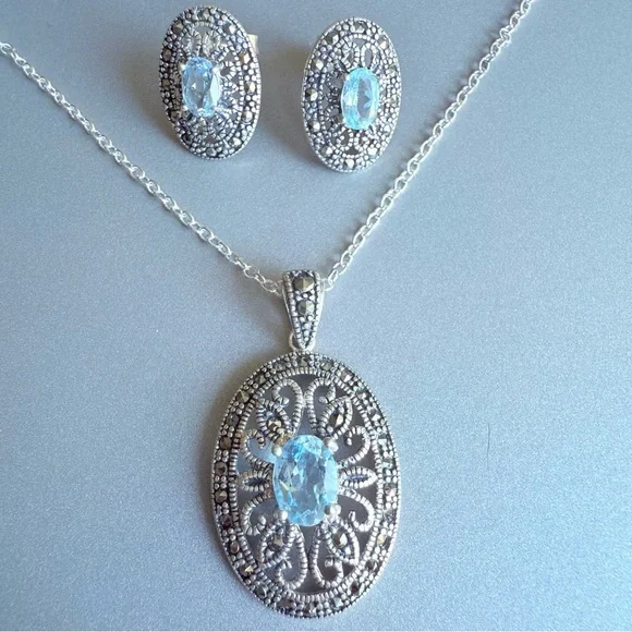Natural Blue Topaz & Marcasite Oval Sterling Silver Pendant Necklace JC …